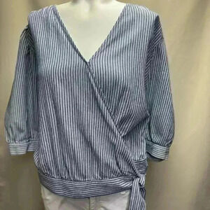 a.n.a Blue and White Striped Tie V Neck Blouse Womens Size XL